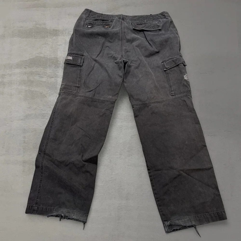 Harley Davidson Cargo Pants Black Faded Embroidered Wide Leg 36 x 32‎